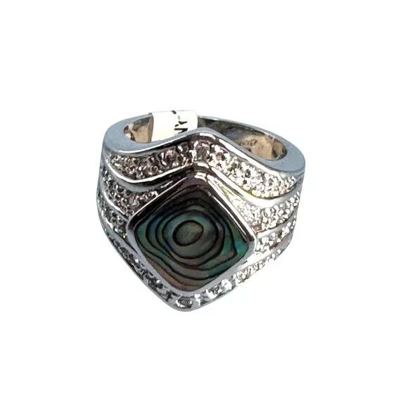 Rhodium Electroplated Ring  Abalone Shell Cubic Zirconia Accents Size 6 NWT - Picture 5 of 6